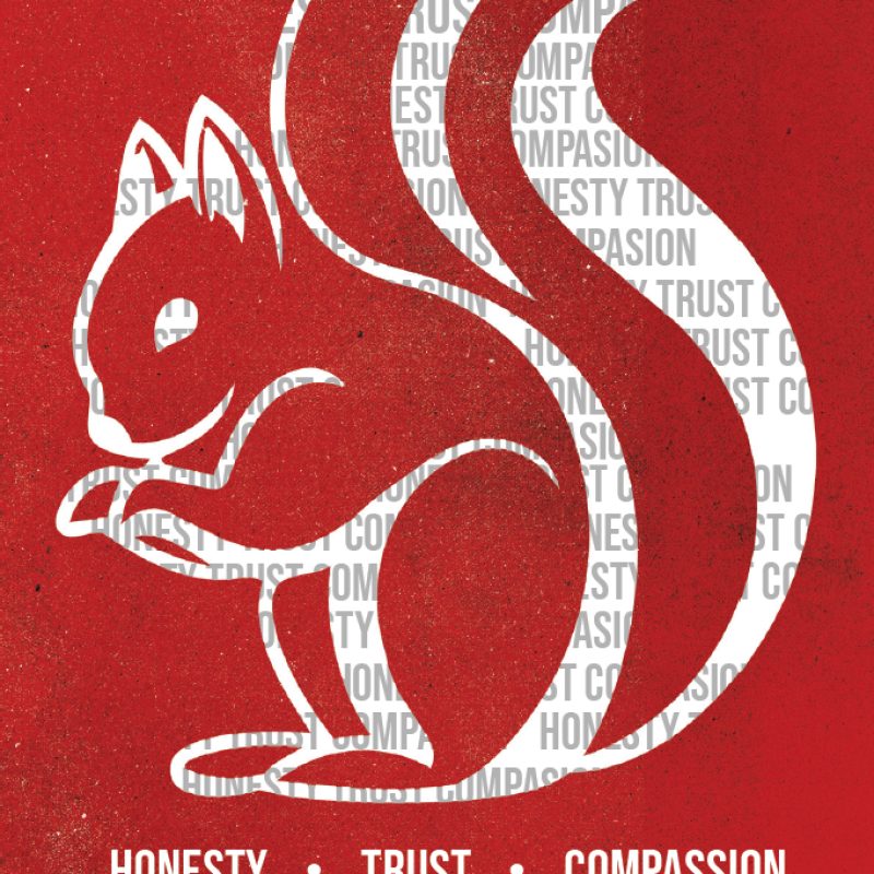 Artwork and advert depicting the outline of a squirrel on a red background
