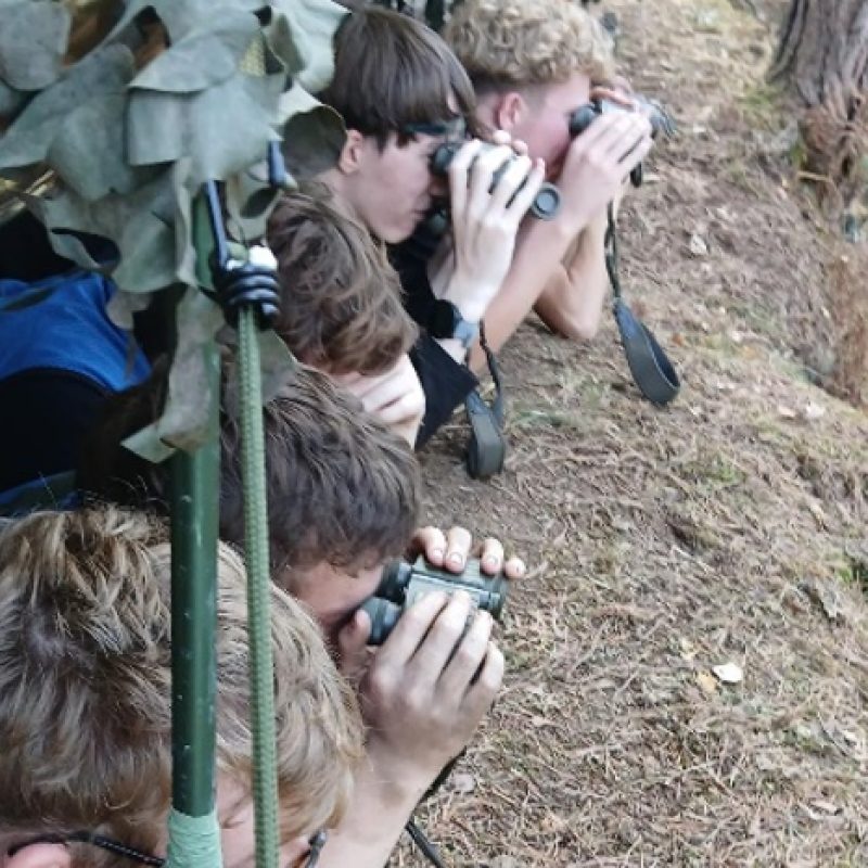 Students huddle under a makeshift shelter, using binoculars to see in the distance.