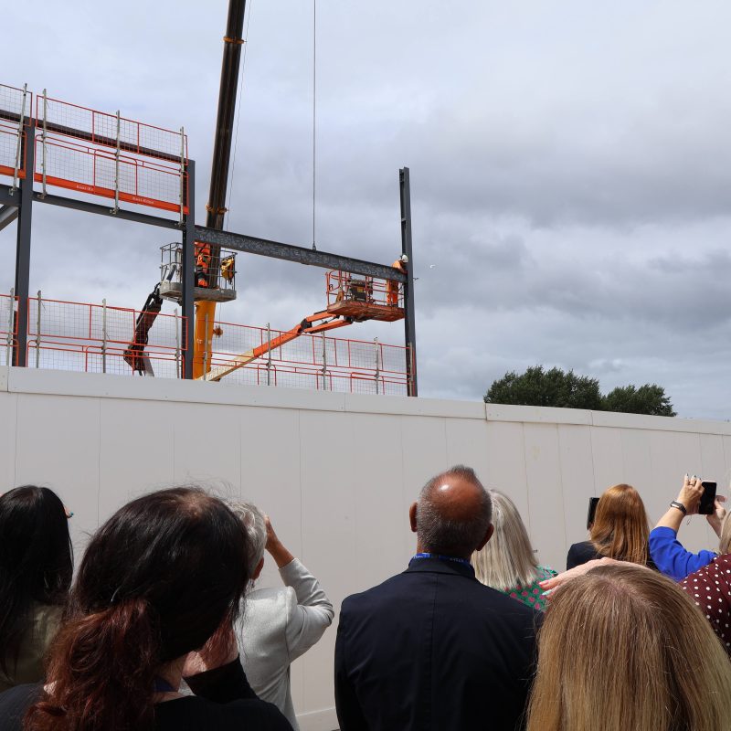 A crowd of people watch as the steel beam is lifted into place
