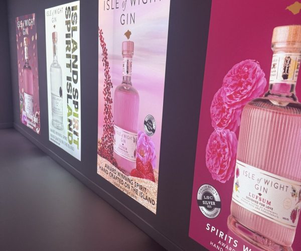 Students artwork and adverts for the Gin Company is projected onto a wall.